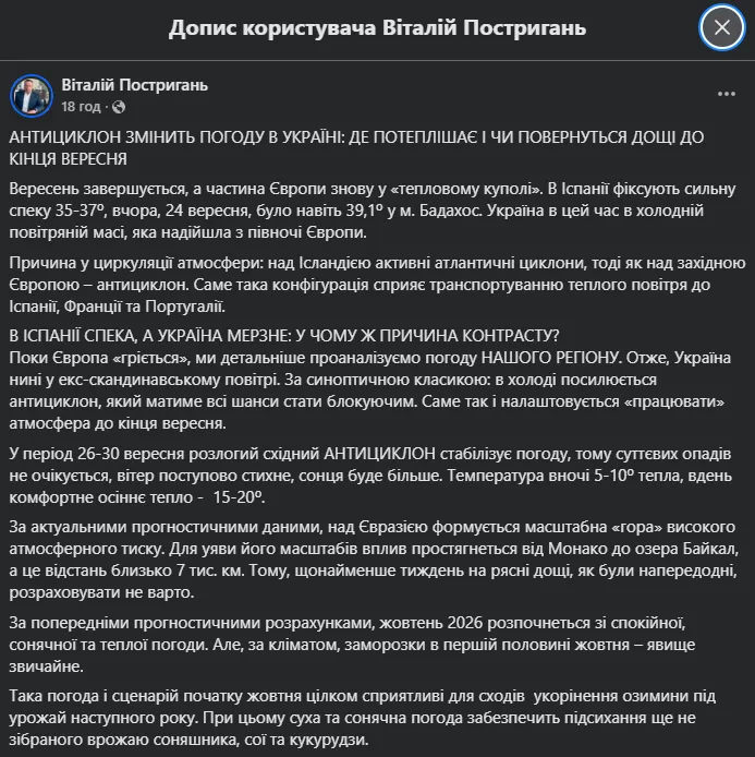 Допис Віталія Постриганя у Facebook.