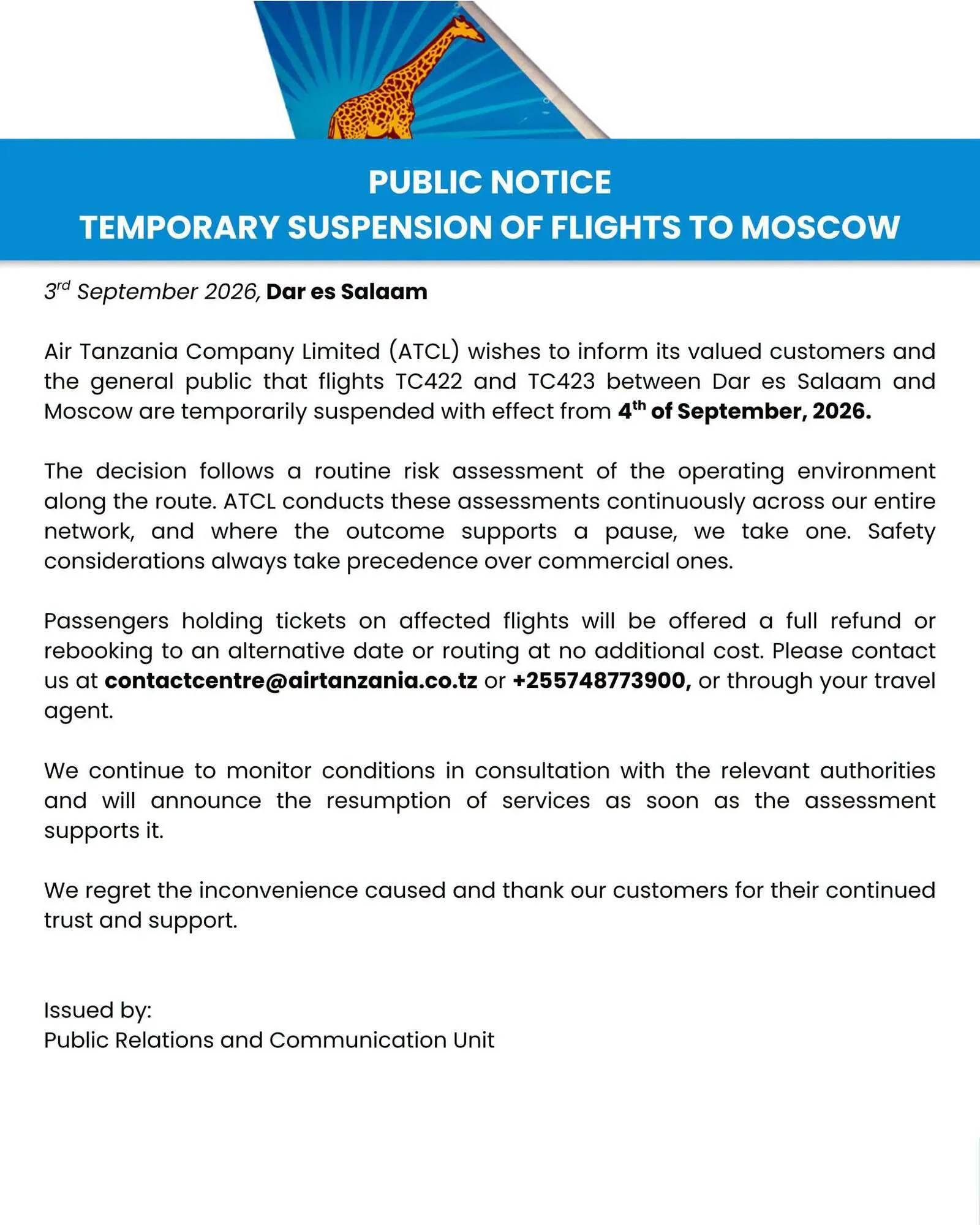 Заявление Air Tanzania о приостановке полетов в Москву