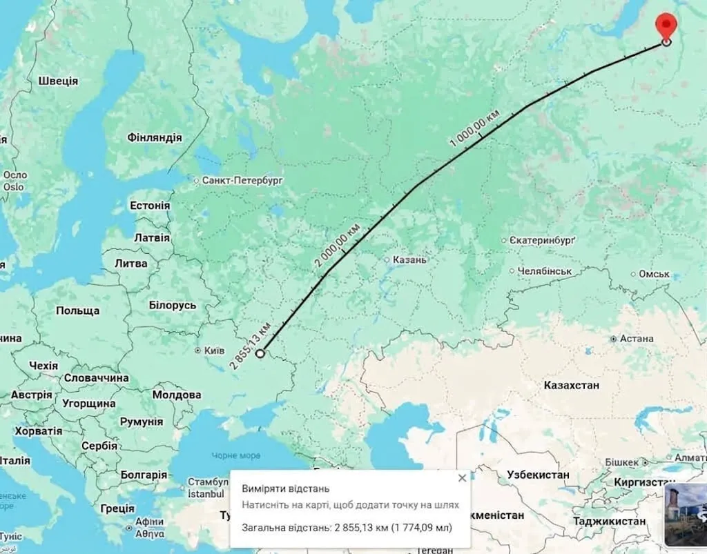 Расстояние от Украины до Нового Уренгоя составляет более 3000