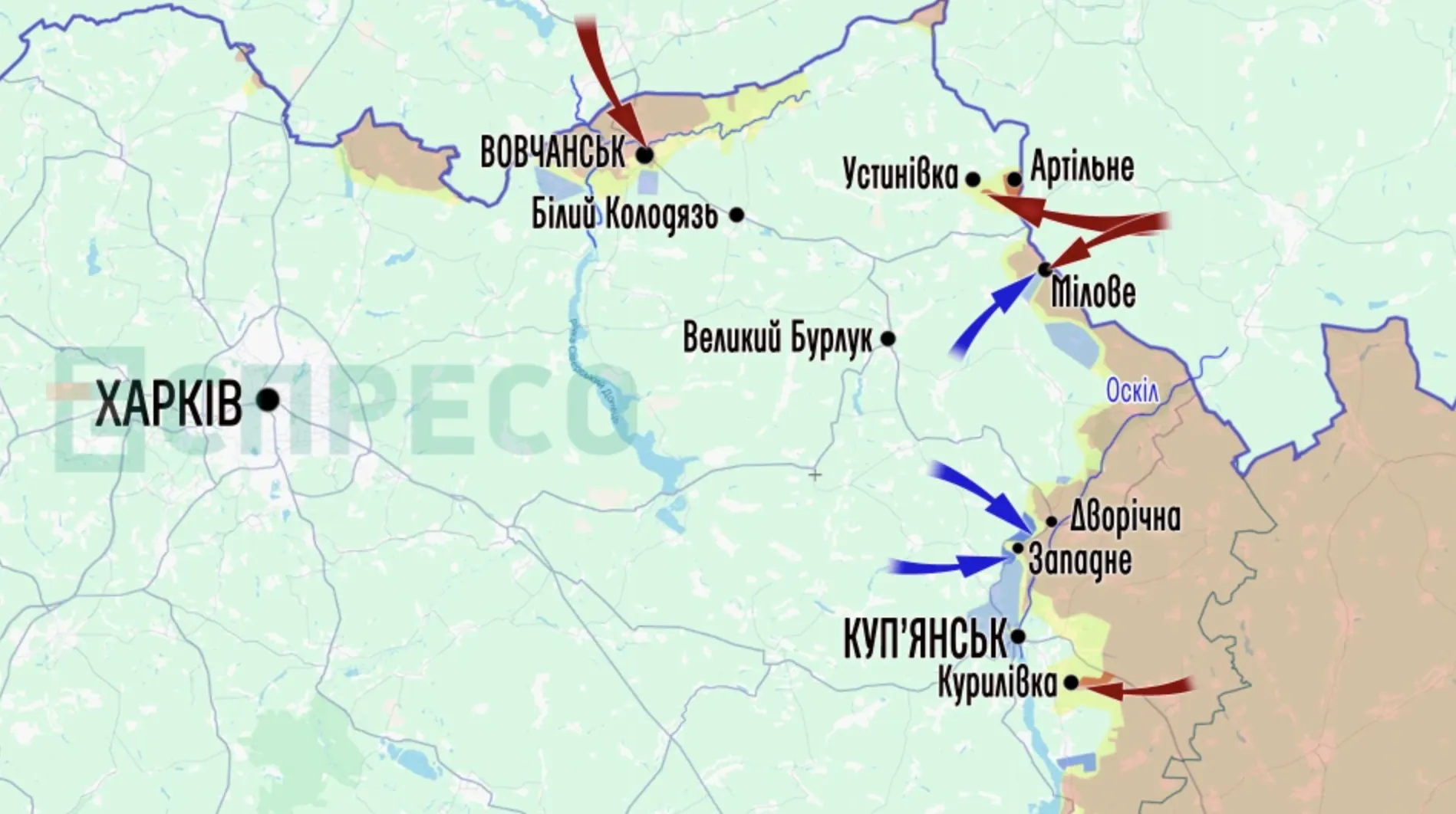 Карта бойових дій на півночі Харківщини.