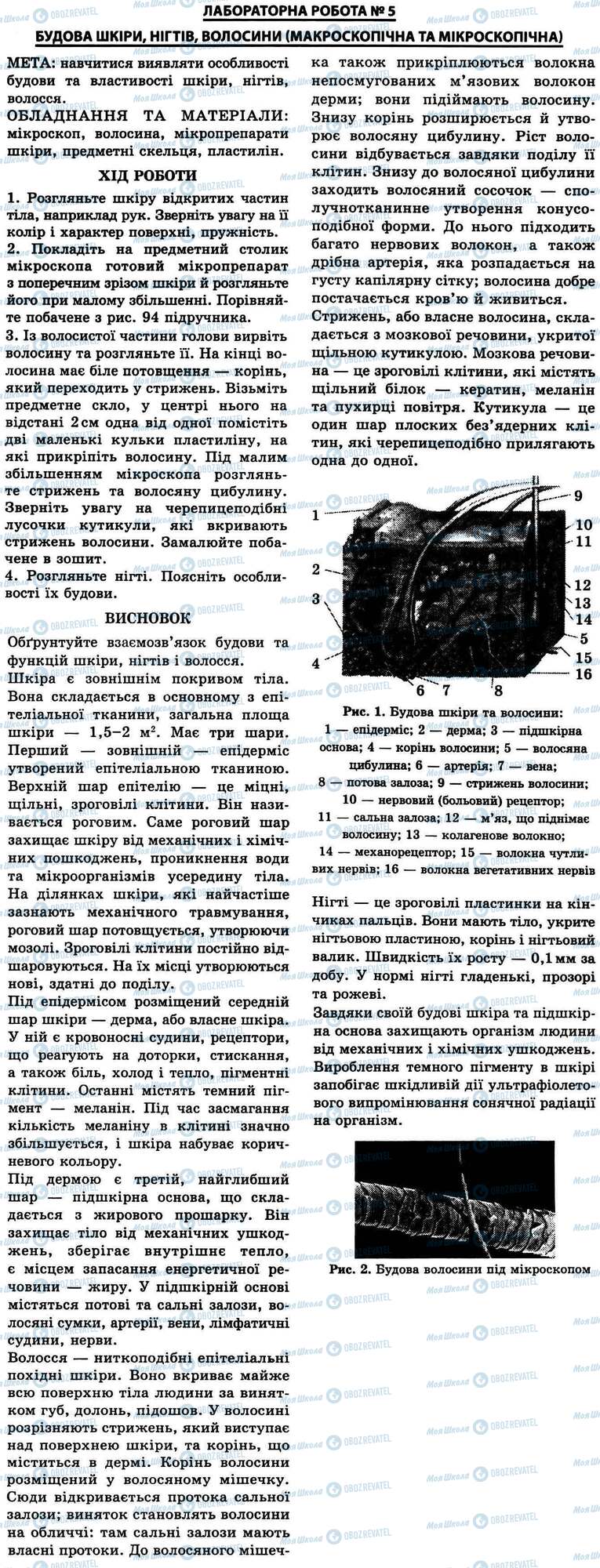 ГДЗ Биология 9 класс страница № 5. Будова шкіри, нігтя, волосини