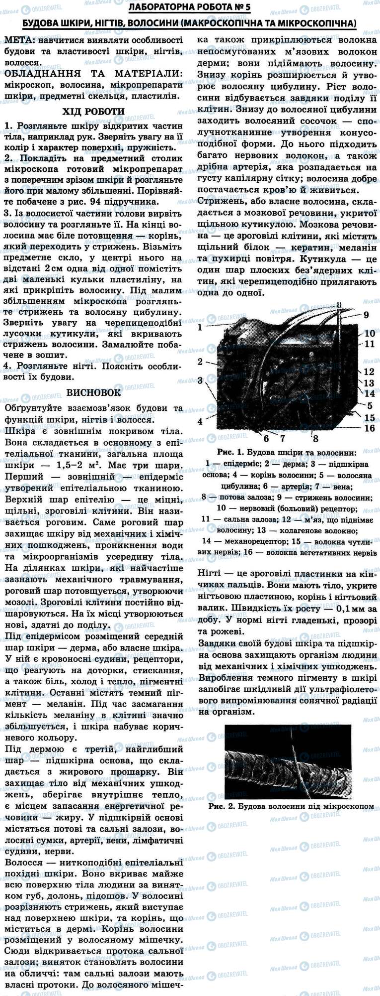 ГДЗ Биология 9 класс страница № 5. Будова шкіри, нігтя, волосини