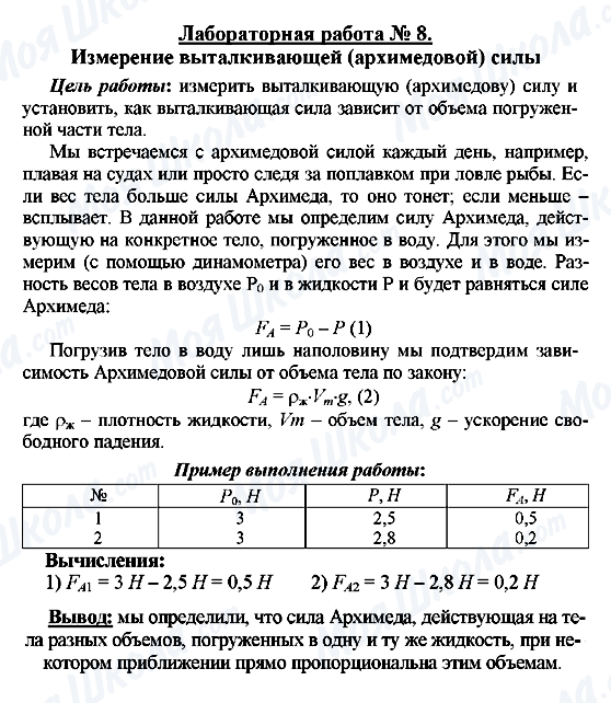 ГДЗ Физика 7 класс страница Лабораторная работа № 8. Измерение выталкивающей (архимедовой) силы