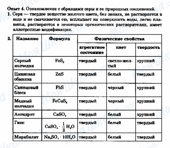 ГДЗ Хімія 9 клас сторінка Опыт 4. Ознакомление с образцами серы и её природных соединений