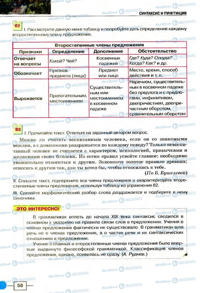 Підручники Російська мова 8 клас сторінка  58