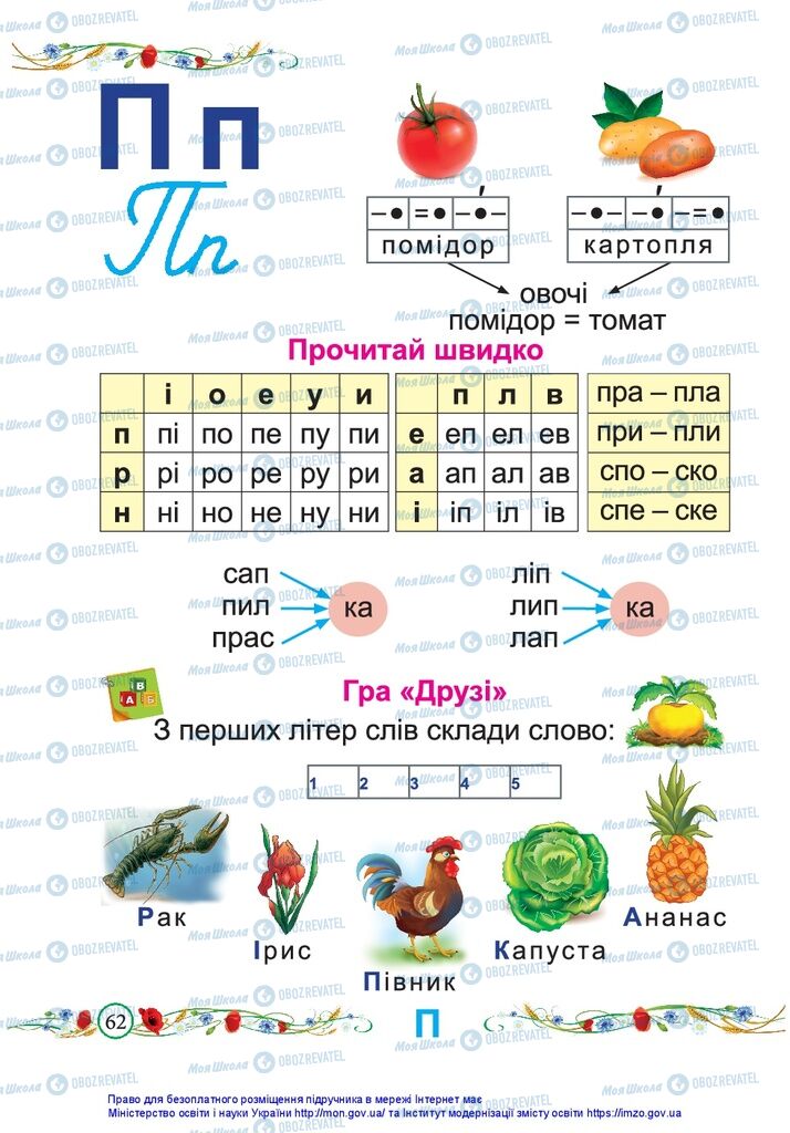 Підручники Українська мова 1 клас сторінка 62