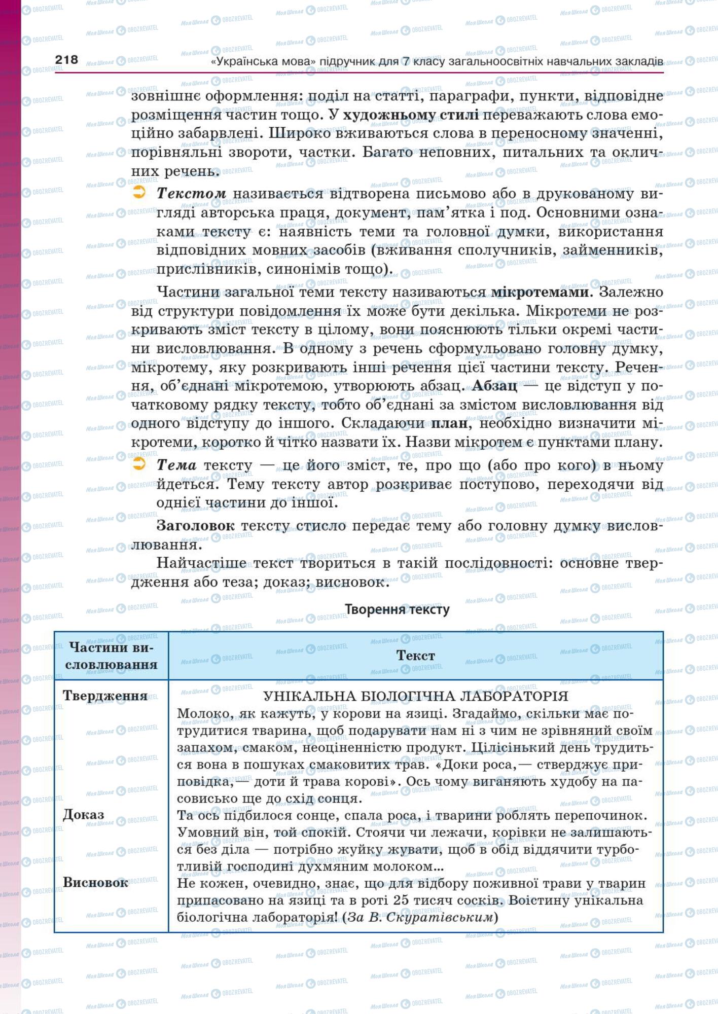 Підручники Українська мова 7 клас сторінка  218