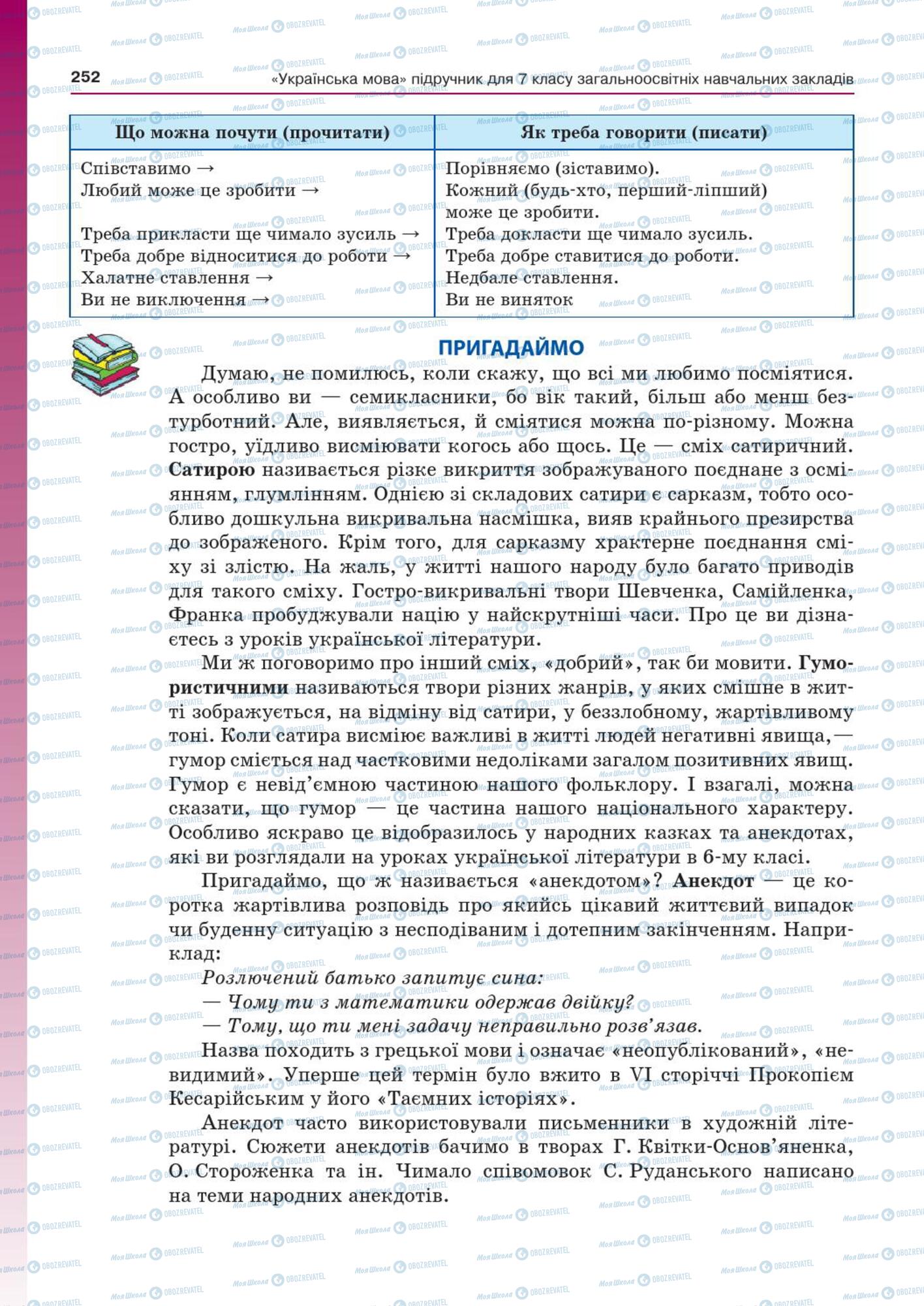 Підручники Українська мова 7 клас сторінка  252