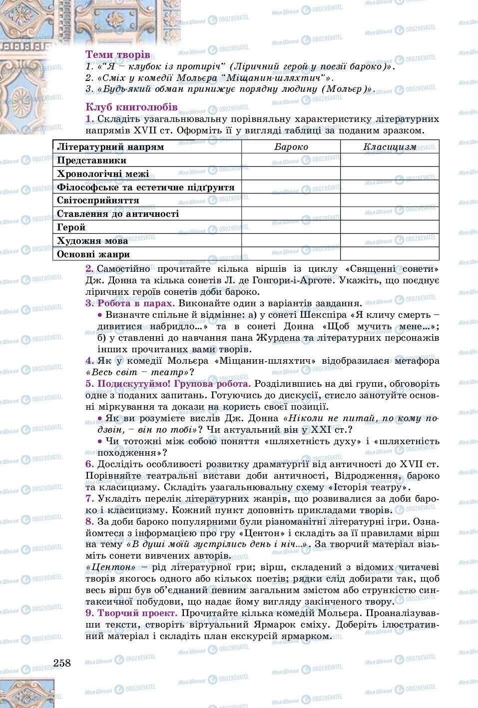 Підручники Зарубіжна література 8 клас сторінка 258