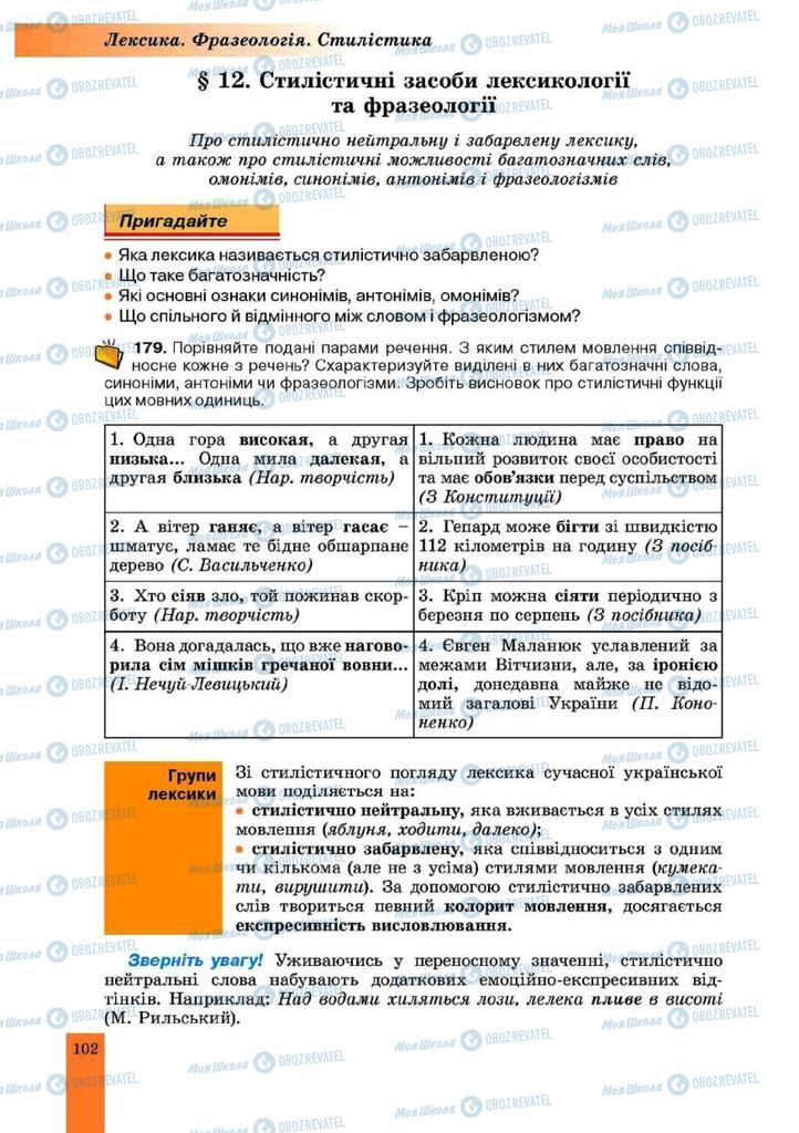 Підручники Українська мова 10 клас сторінка  102