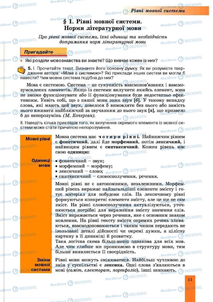 Підручники Українська мова 10 клас сторінка  11