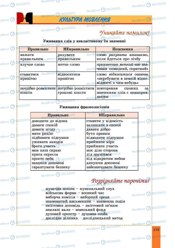 Підручники Українська мова 10 клас сторінка 113