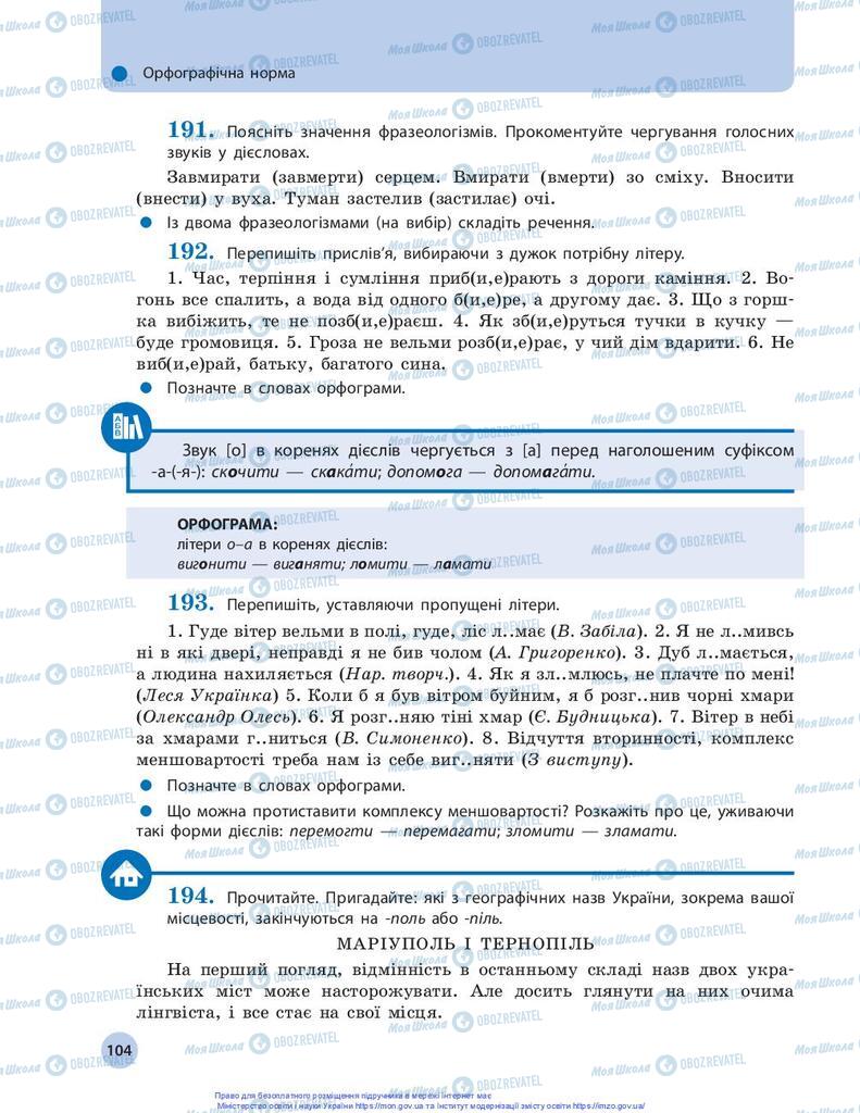 Підручники Українська мова 10 клас сторінка 104