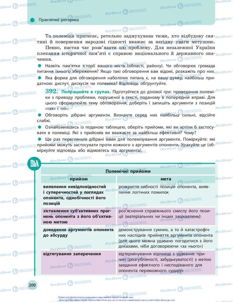Підручники Українська мова 10 клас сторінка 200