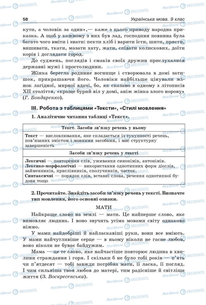 Підручники Українська мова 9 клас сторінка 58