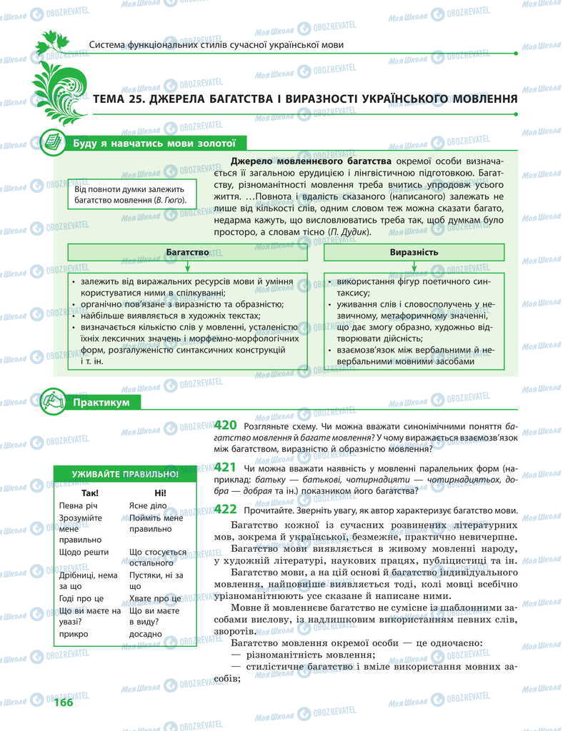 Підручники Українська мова 11 клас сторінка 166