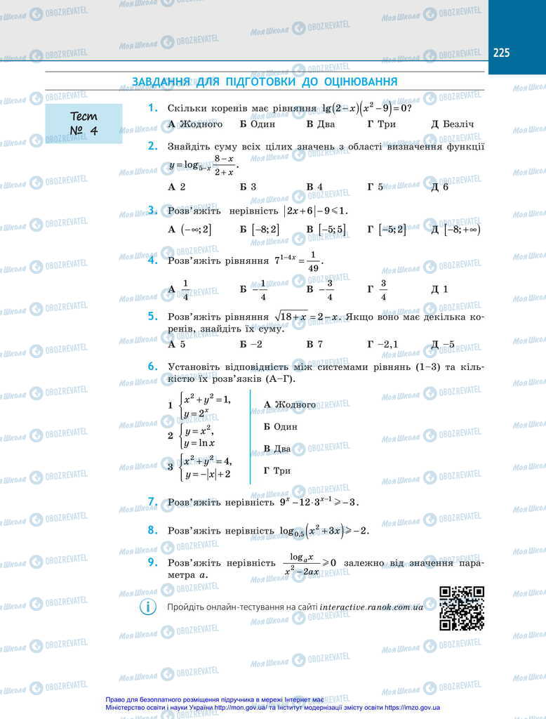 Підручники Алгебра 11 клас сторінка 225