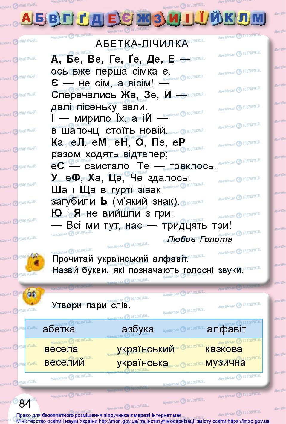 Підручники Українська мова 1 клас сторінка 84