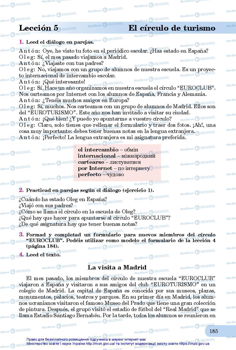 Підручники Іспанська мова 7 клас сторінка 185