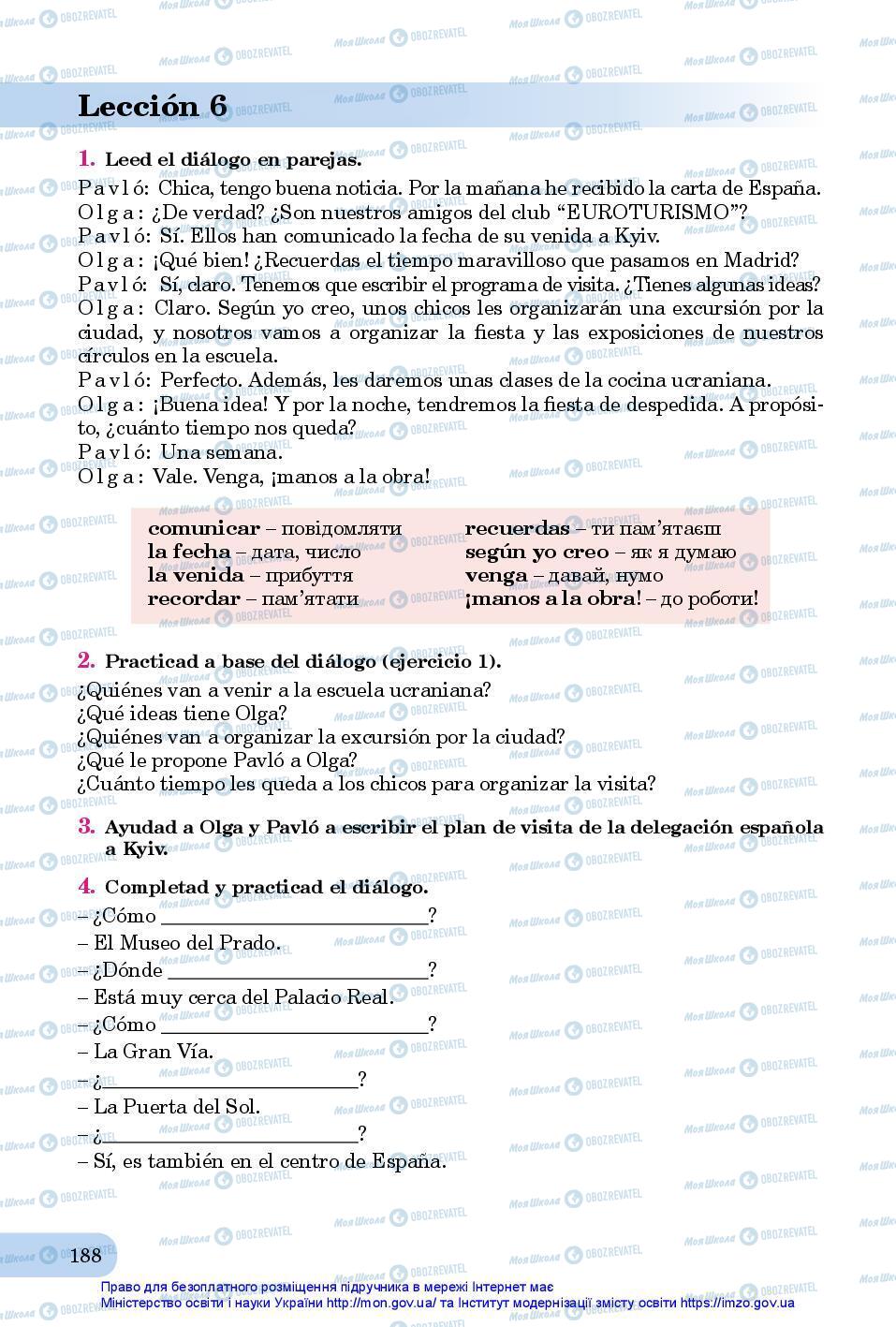 Підручники Іспанська мова 7 клас сторінка 188