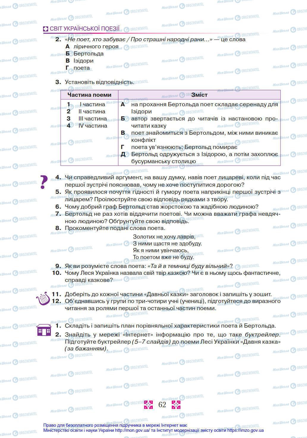 Учебники Укр лит 8 класс страница 62