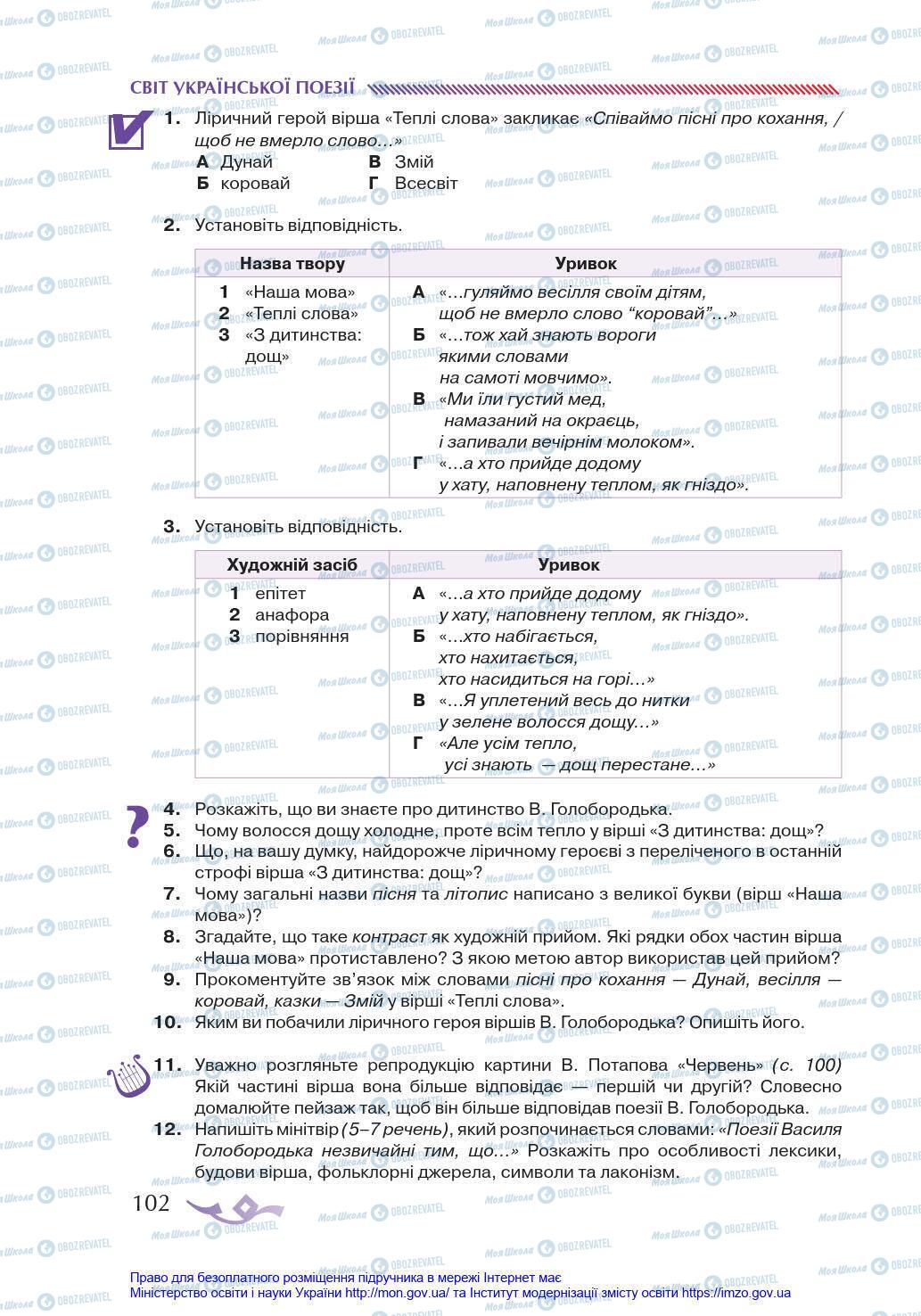 Підручники Українська література 8 клас сторінка 102