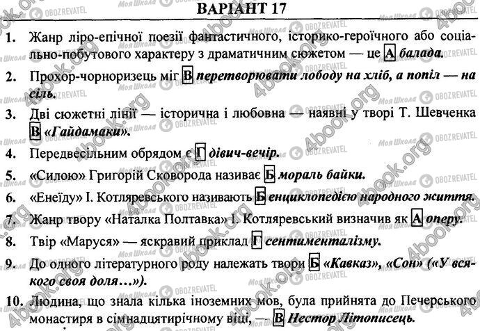 ДПА Укр лит 9 класс страница Варіант 17