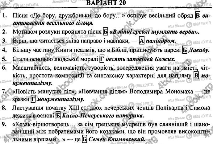 ДПА Укр лит 9 класс страница Варіант 20