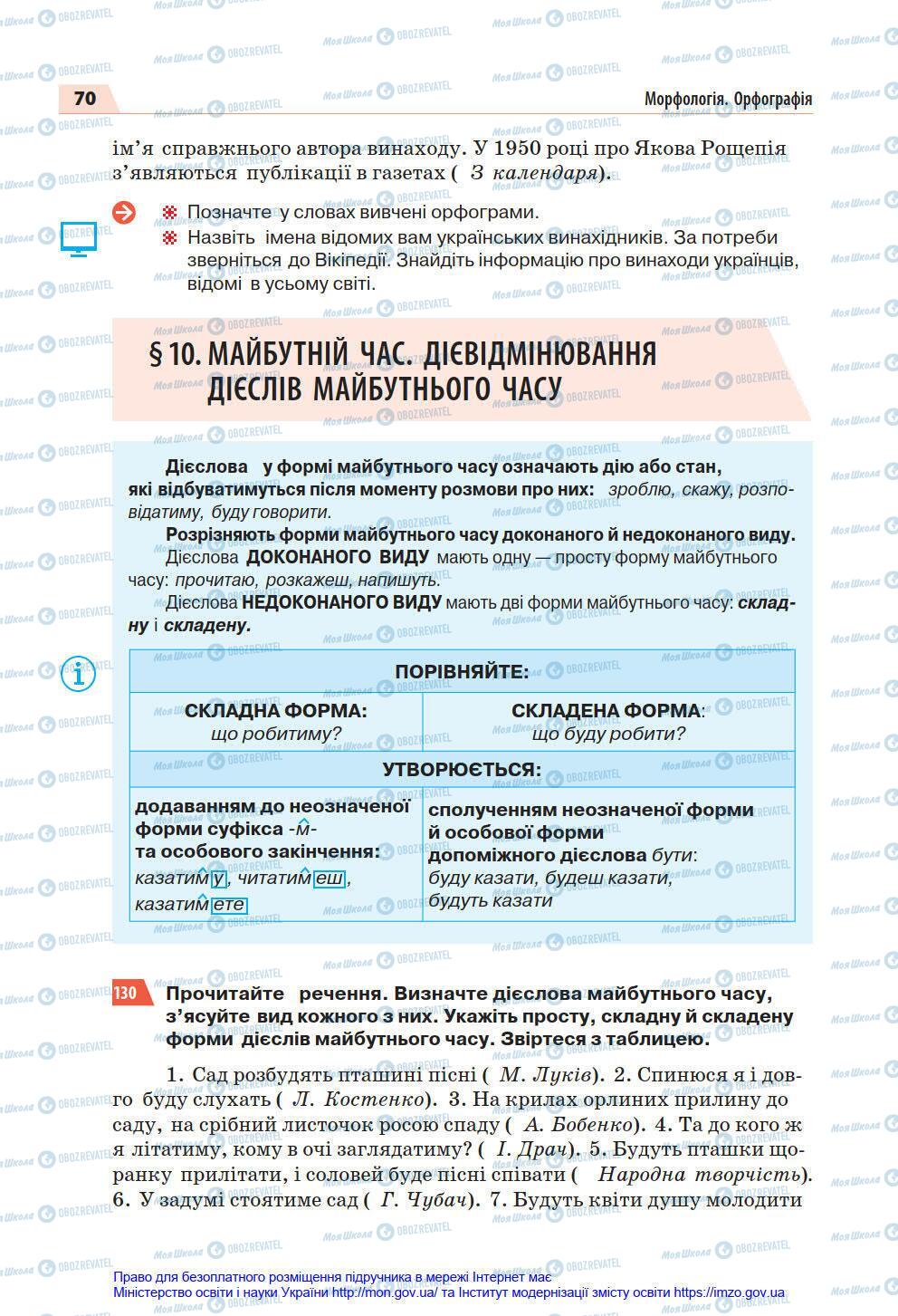 Підручники Українська мова 7 клас сторінка 70