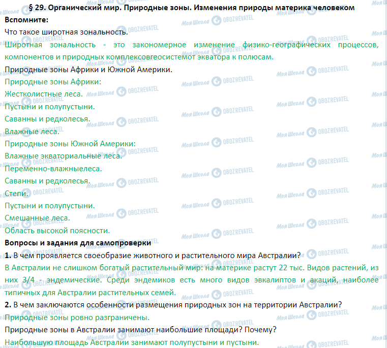 ГДЗ Географія 7 клас сторінка § 29. Органический мир. Природные зоны. Изменения природы материка человеком