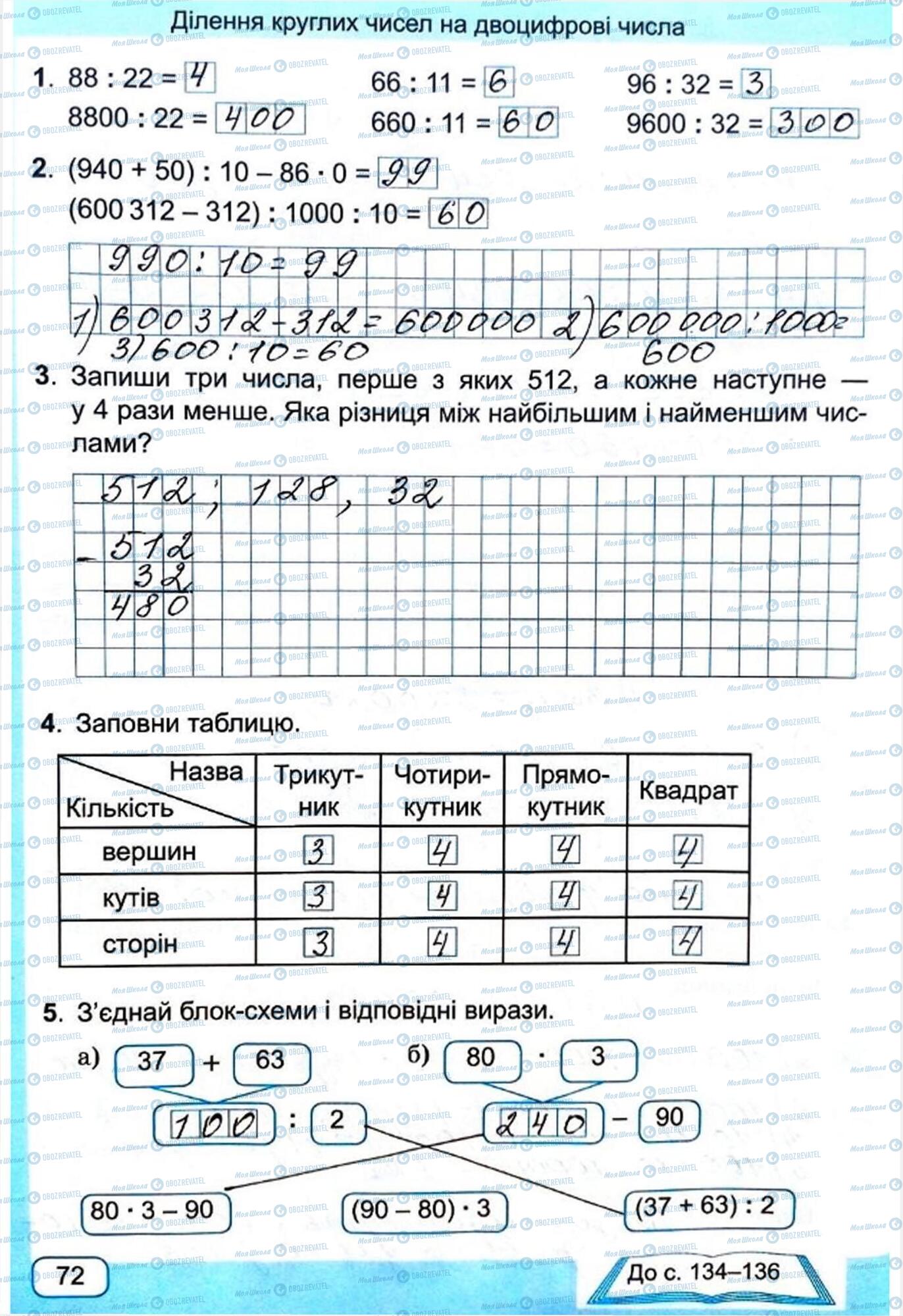 ГДЗ Математика 4 класс страница Сторінка  72