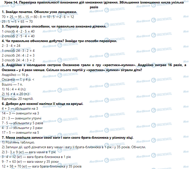 ГДЗ Математика 3 клас сторінка Урок 14. Перевірка правильності виконання дій множення і ділення. Збільшення і зменшення числа у кілька разів