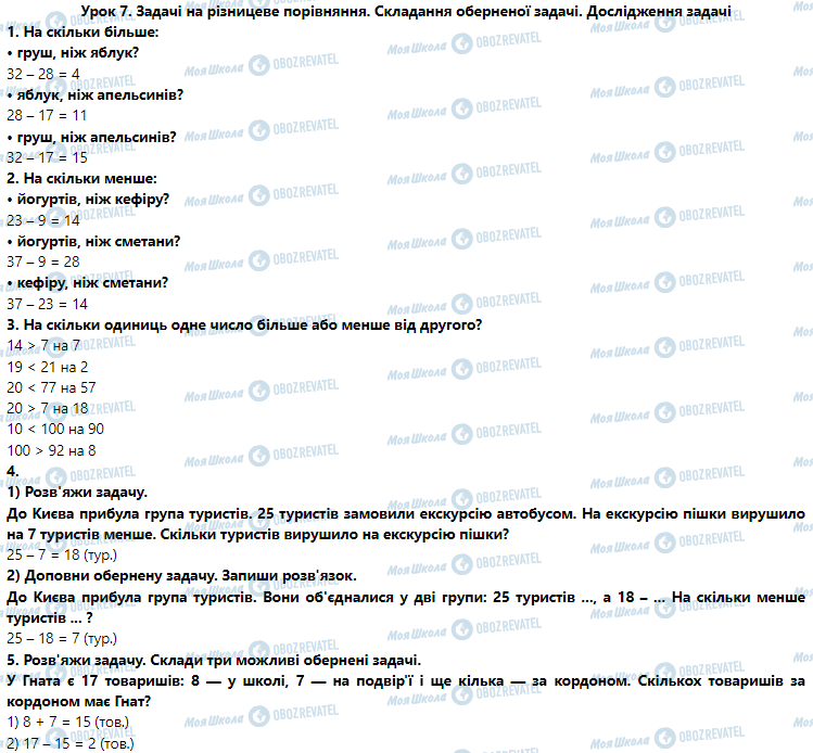 ГДЗ Математика 3 клас сторінка Урок 7. Задачі на різницеве порівняння. Складання оберненої задачі. Дослідження задачі