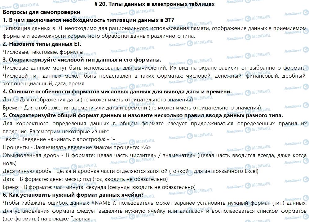 ГДЗ Інформатика 7 клас сторінка § 20. Типы данных в электронных таблицах