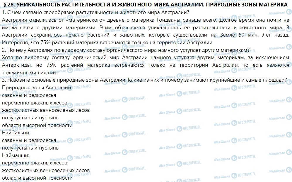 ГДЗ География 7 класс страница § 28. Уникальность растительности и животного мира Австралии. Природные зоны материка