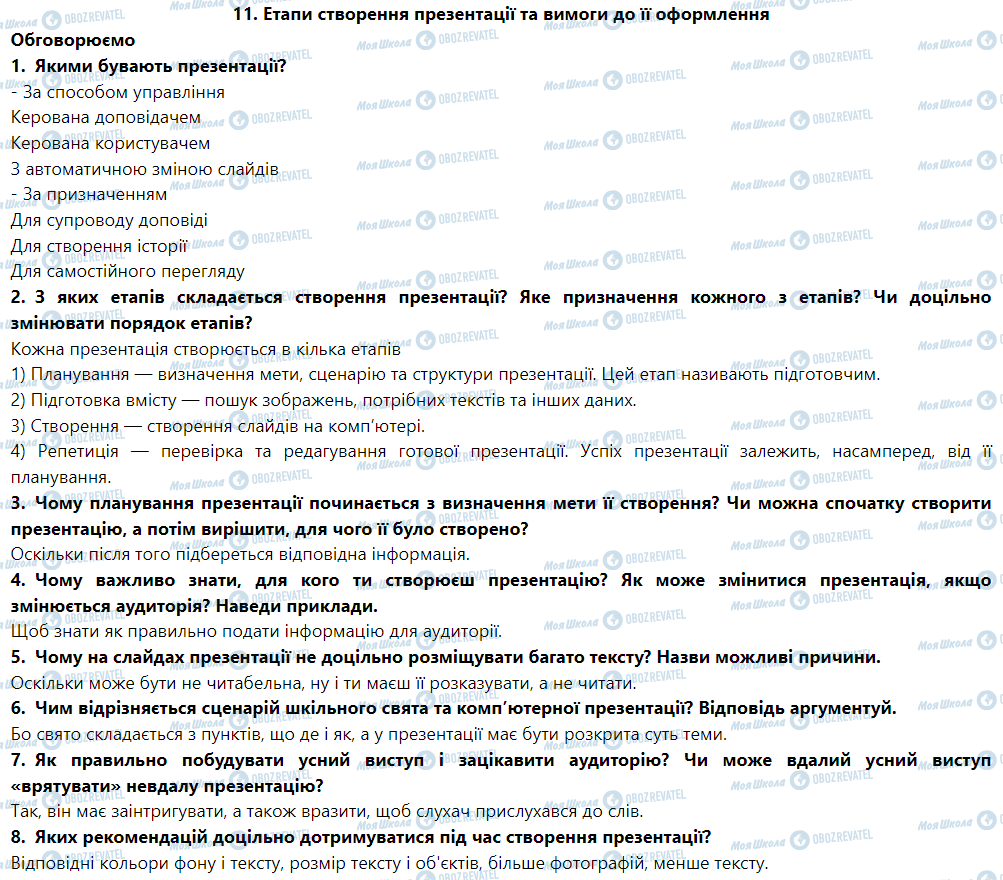 ГДЗ Інформатика 6 клас сторінка 11. Етапи створення презентації та вимоги до її оформлення