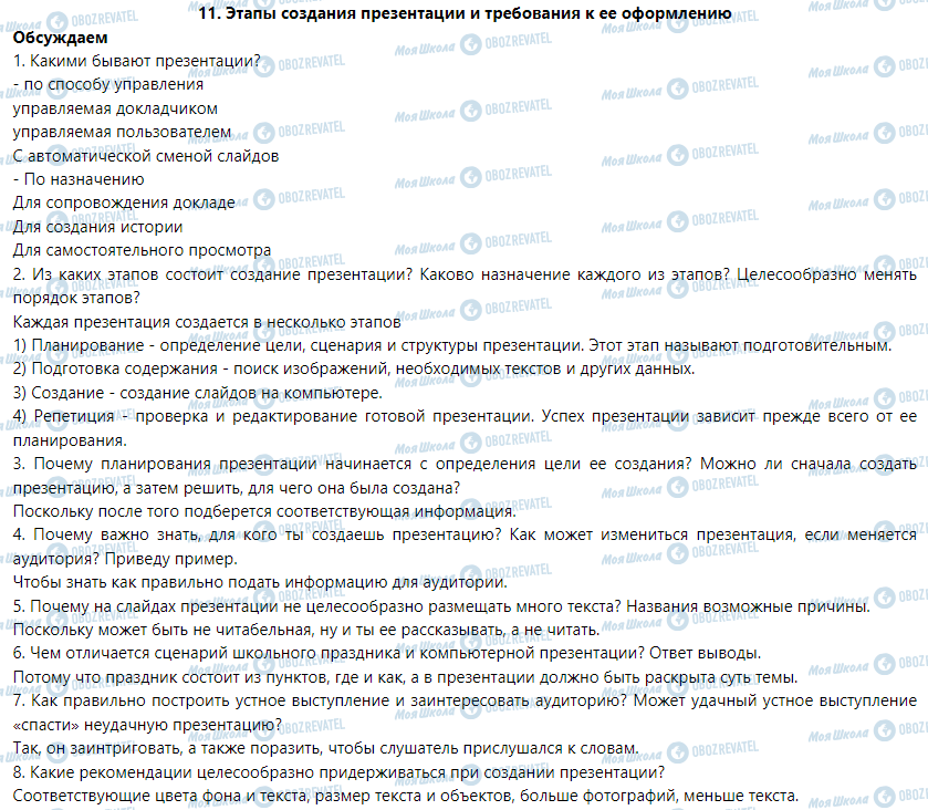 ГДЗ Інформатика 6 клас сторінка 11. Этапы создания презентации и требования к ее оформлению