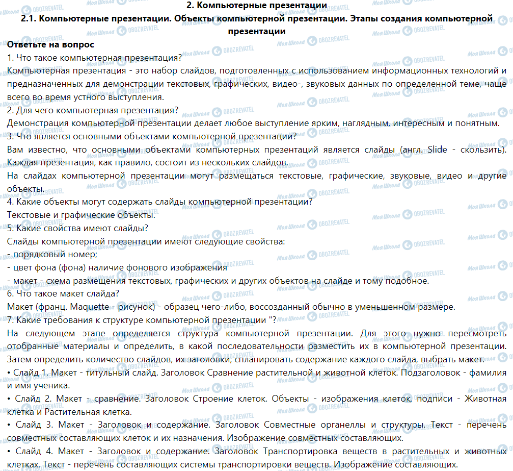 ГДЗ Інформатика 6 клас сторінка 2.1. Объекты компьютерной презентации. Этапы создания компьютерной презентации