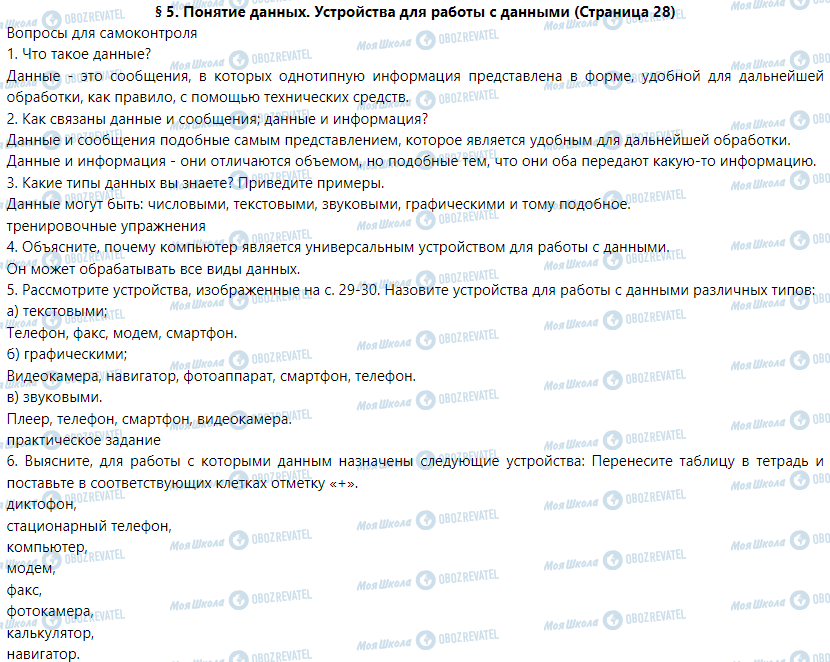 ГДЗ Информатика 5 класс страница § 5. Понятие данных. Устройства для работы с данными 