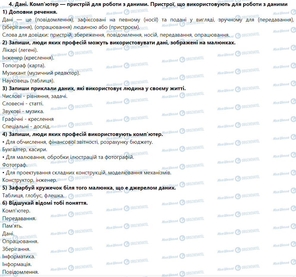 ГДЗ Інформатика 5 клас сторінка 4. Дані. Комп'ютер — пристрій для роботи з даними. Пристрої, що використовують для роботи з даними