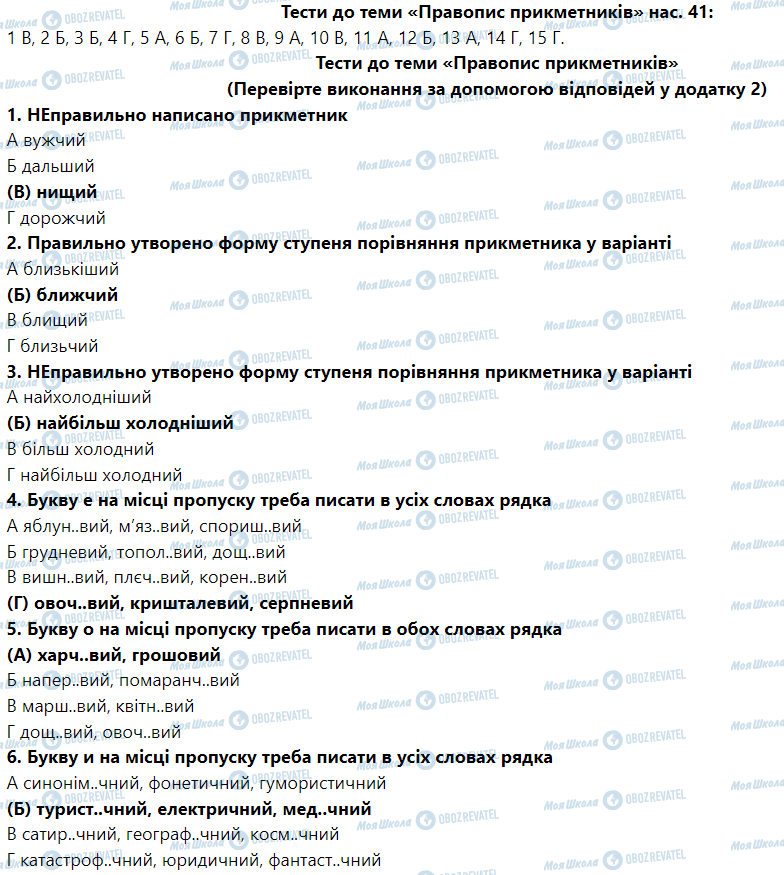 ГДЗ Укр мова 6 класс страница Тести до теми «Правопис прикметників» (Сторінка 41)