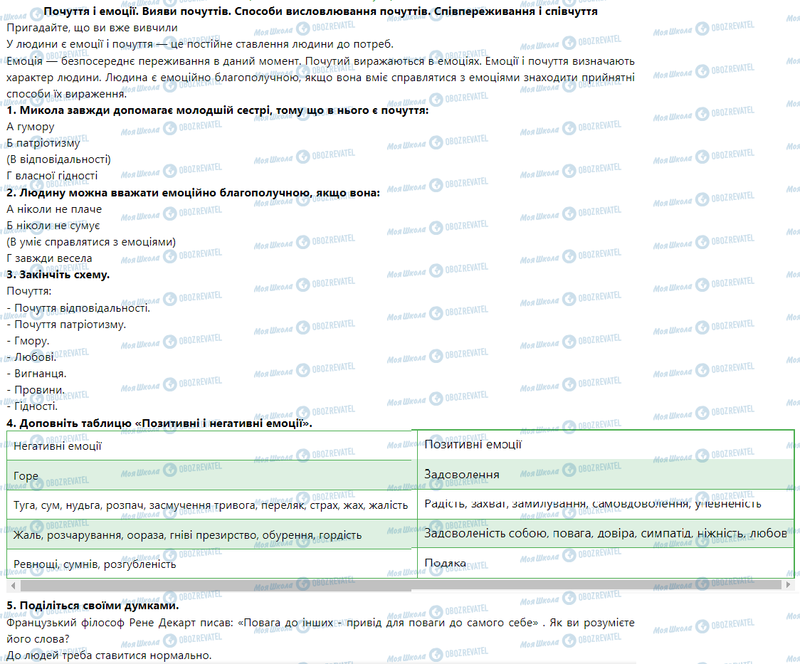 ГДЗ Основы здоровья 5 класс страница Почуття і емоції. Вияви почуттів. Способи висловлювання почуттів. Співпереживання і співчуття
