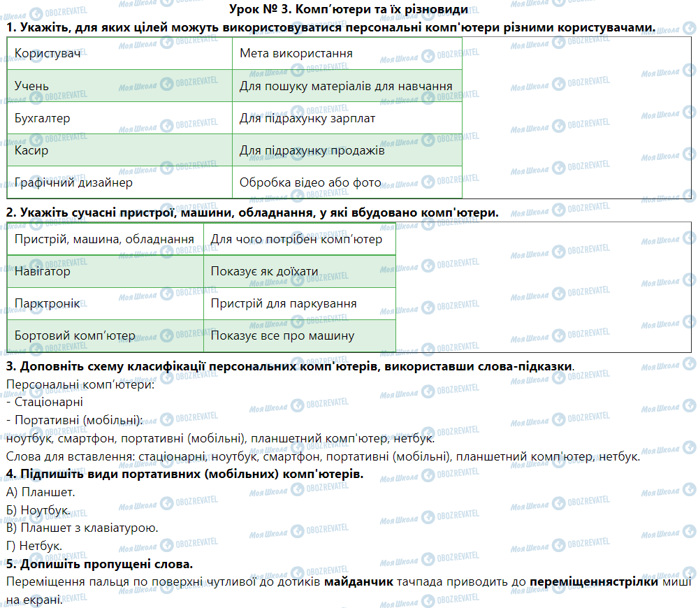 ГДЗ Информатика 5 класс страница Урок № 3. Комп'ютери та їх різновиди