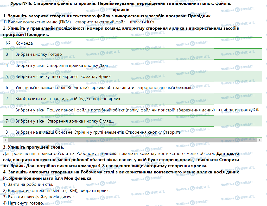 ГДЗ Інформатика 5 клас сторінка Урок № 6. Створення файлів та ярликів. Перейменування, переміщення та відновлення папок, файлів, ярликів