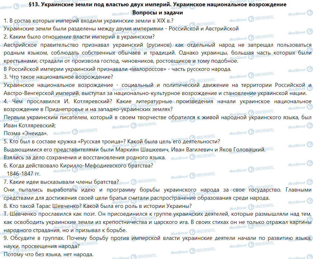 ГДЗ Історія України 5 клас сторінка §13. Украинские земли под властью двух империй Украинское национальное возрождение