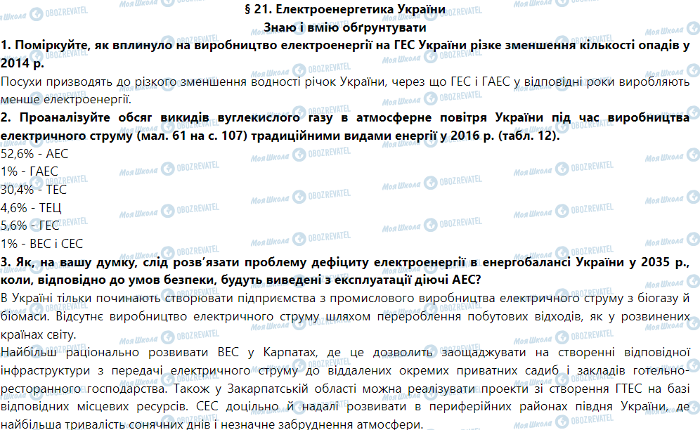 ГДЗ Географія 9 клас сторінка § 21. Електроенергетика України