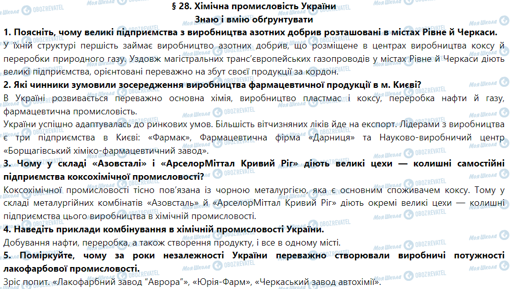 ГДЗ География 9 класс страница § 28. Хімічна промисловість України