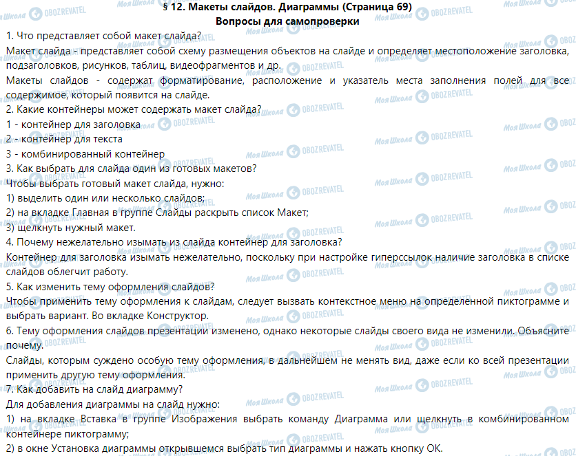 ГДЗ Информатика 9 класс страница § 12. Макеты слайдов. Диаграммы