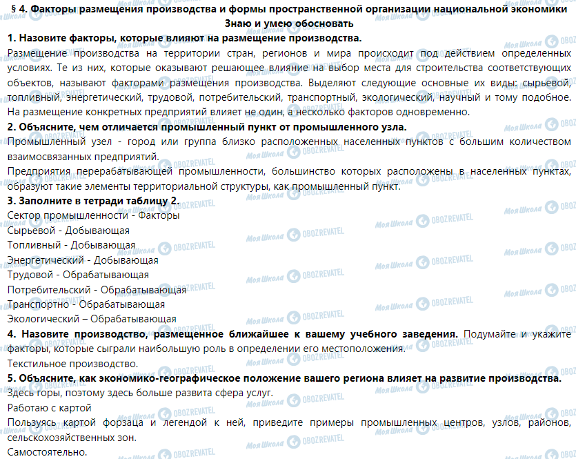ГДЗ География 9 класс страница § 4. Факторы размещения производства и формы пространственной организации национальной экономики