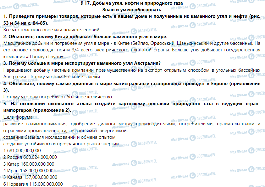 ГДЗ Географія 9 клас сторінка § 17. Добыча угля, нефти и природного газа